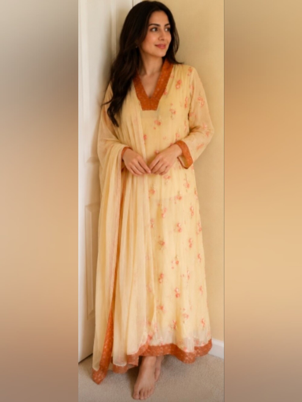 REENA Cream Pink Lace Embroidered Pakistani Long Dress Kurta 3 PC Outfit M